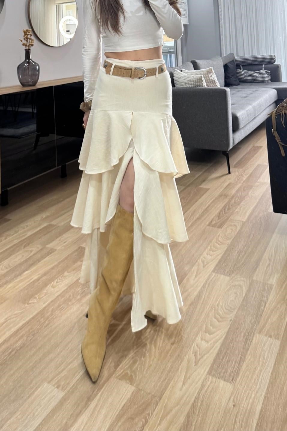 Savana Bohem Katlı Maxi Etek Ekru