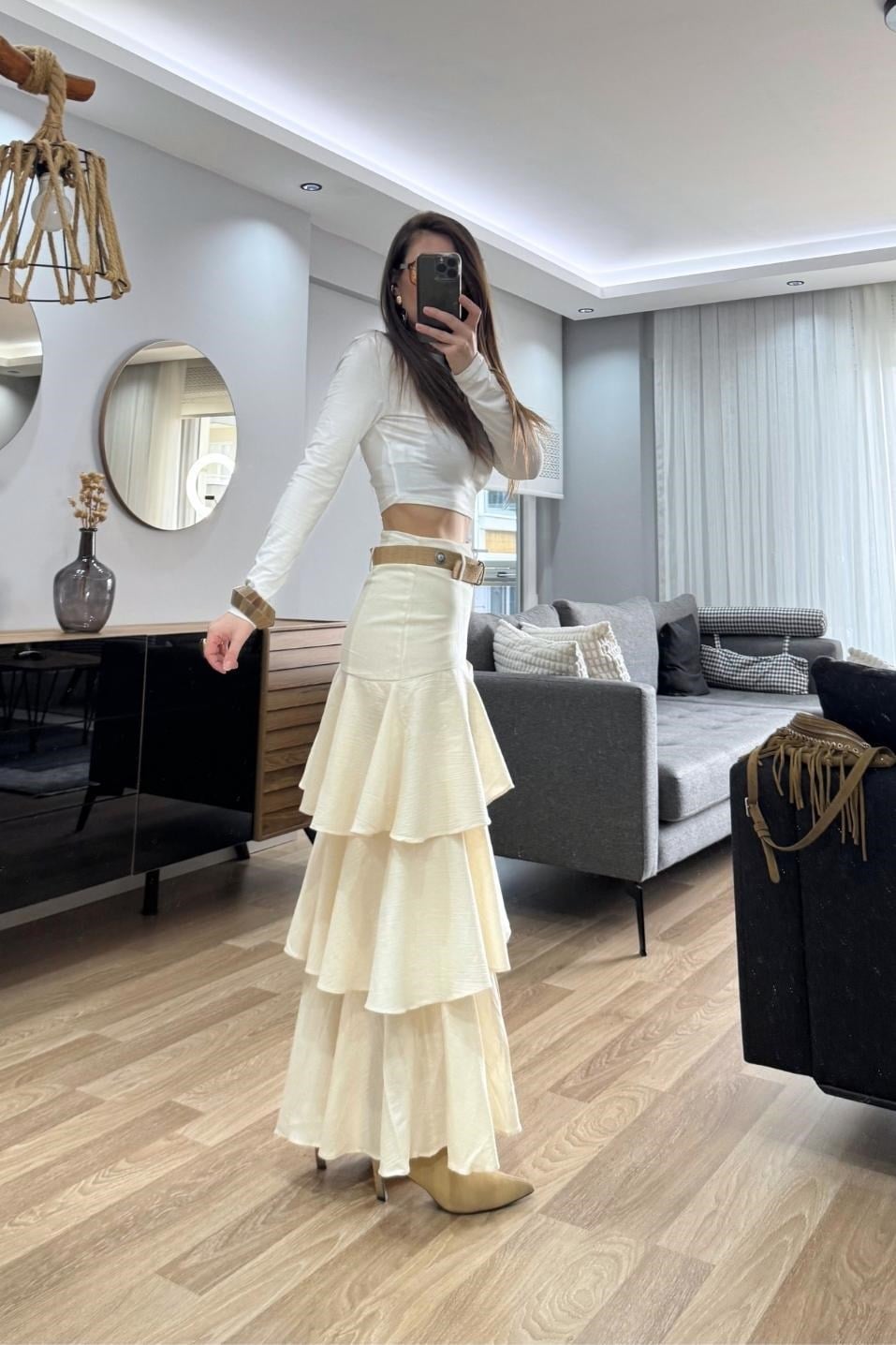 Savana Bohem Katlı Maxi Etek Ekru