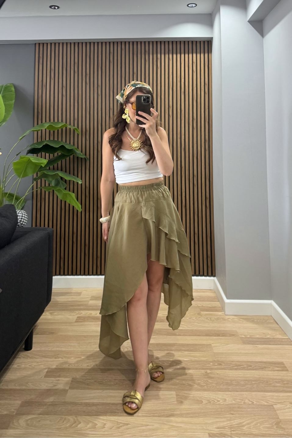 Selisse Asimetrik Şortlu Maxi Etek Haki Yeşil