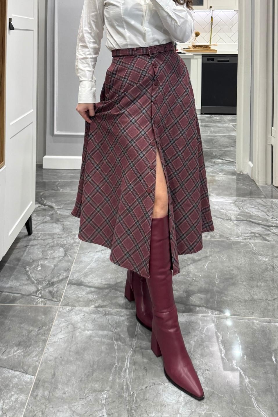 Vintage Ekose Desen Düğmeli Etek Bordo