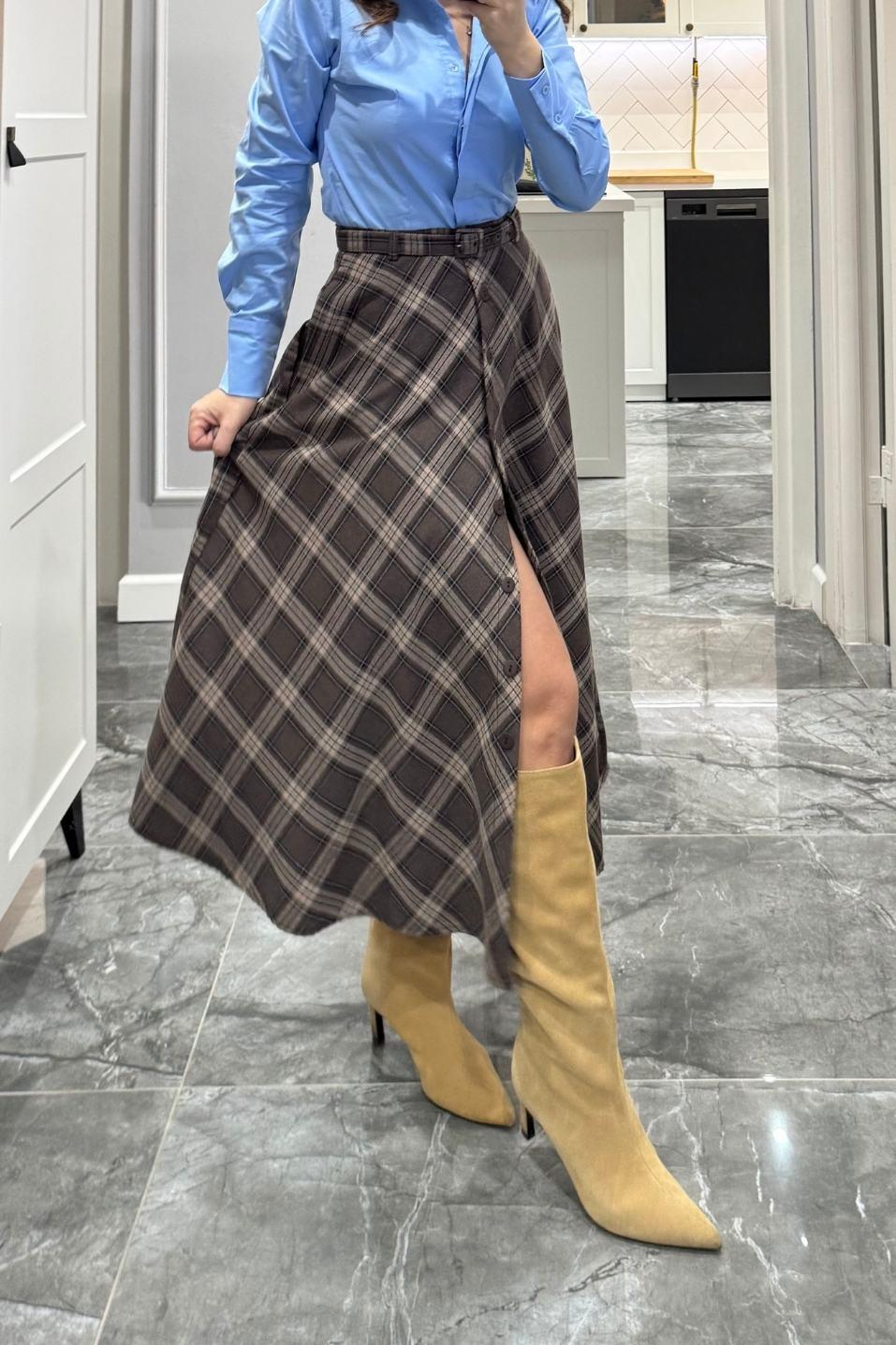Vintage Ekose Desen Düğmeli Etek Kahverengi