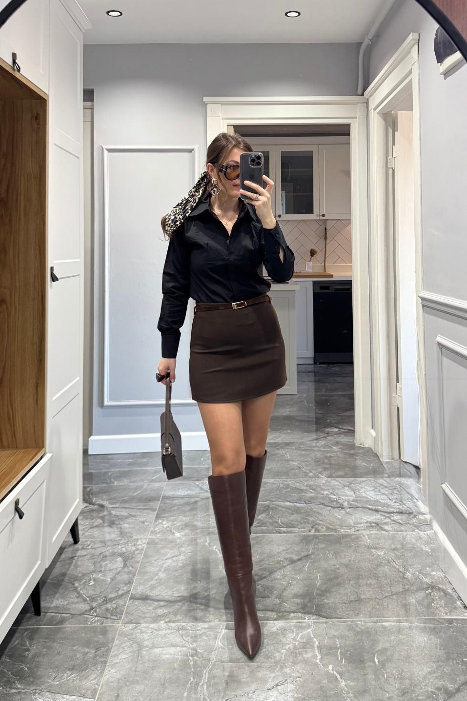 Zr Model Kemerli Şort Etek Kahverengi