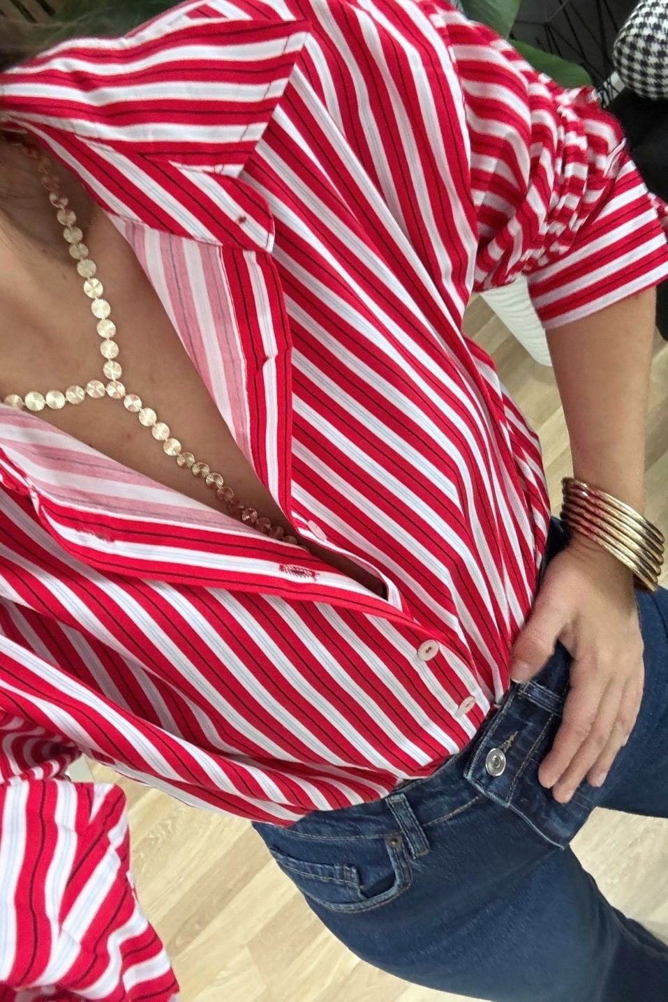 Çizgili Pamuk Gömlek Kırmızı