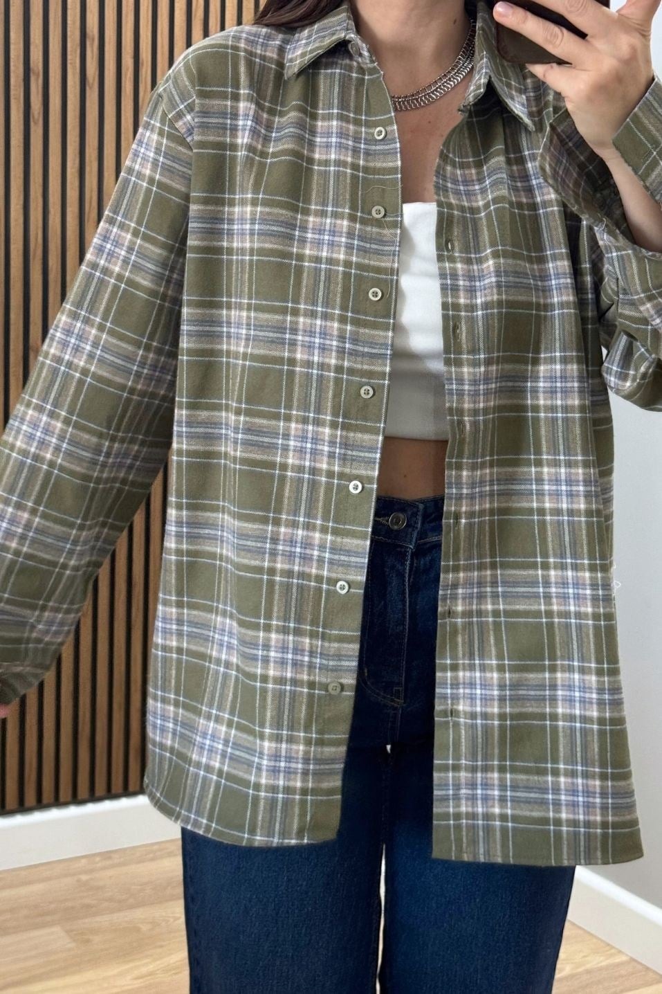 Ekose Oversize Gömlek Haki-Ekru