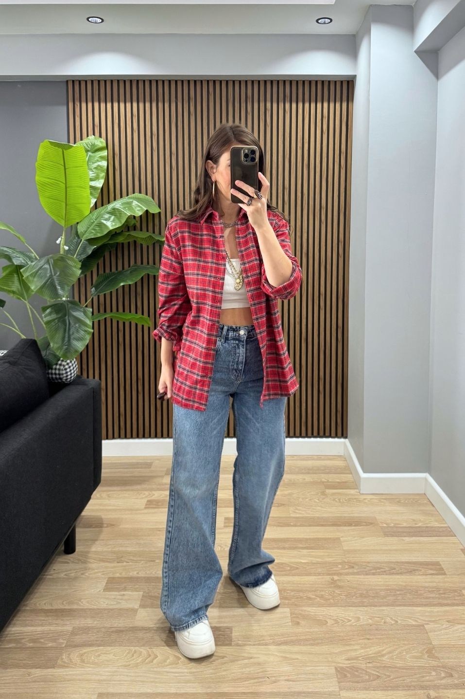 Ekose Oversize Gömlek Kırmızı