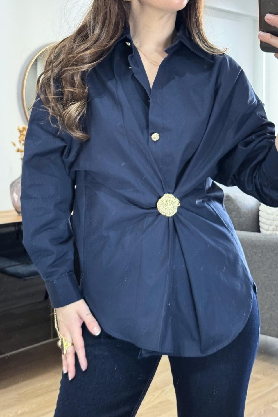 Gold Düğmeli Poplin Gömlek Lacivert