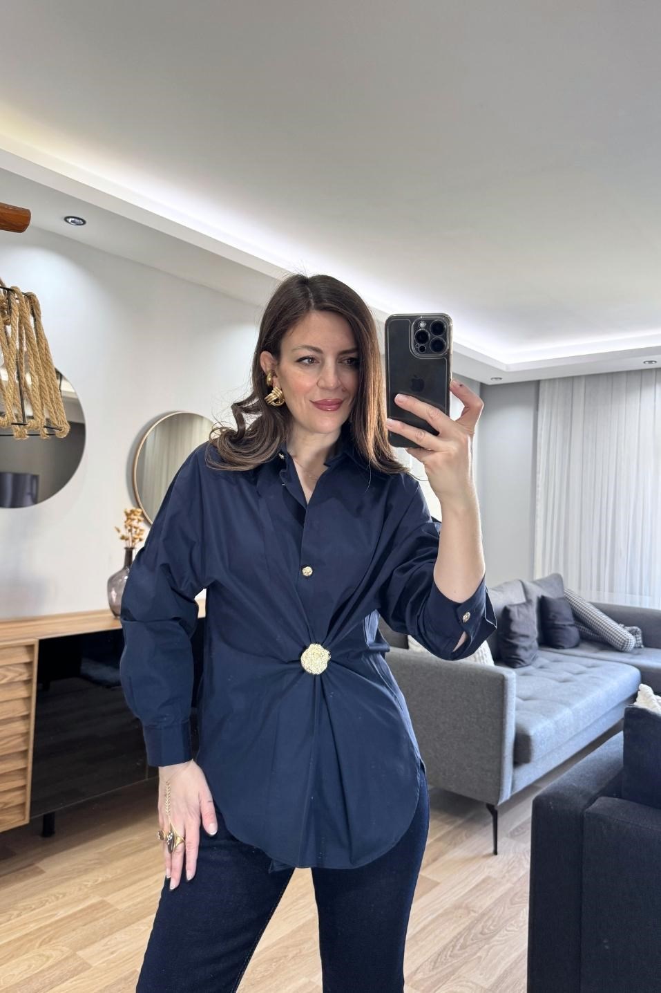 Gold Düğmeli Poplin Gömlek Lacivert