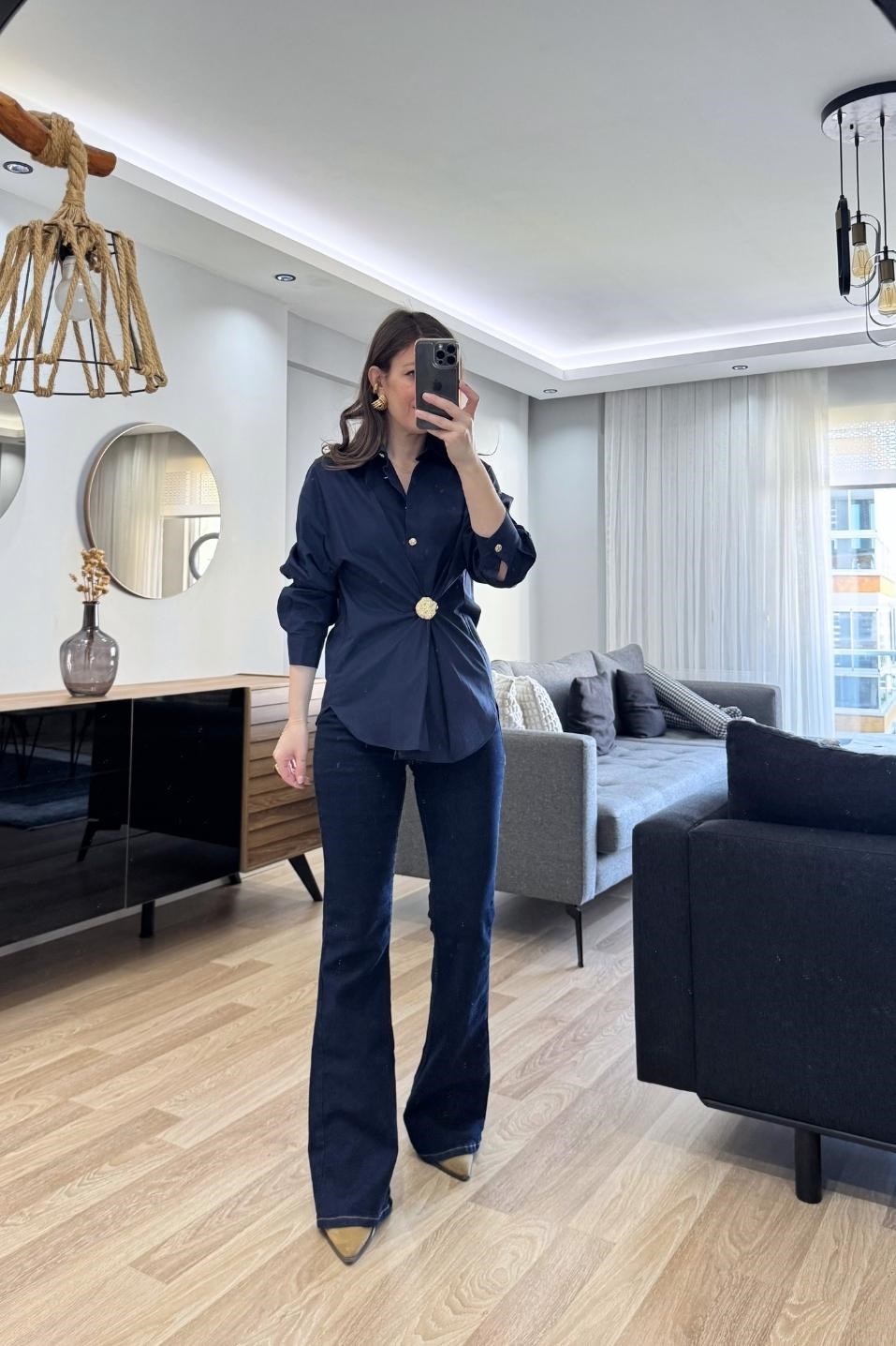 Gold Düğmeli Poplin Gömlek Lacivert