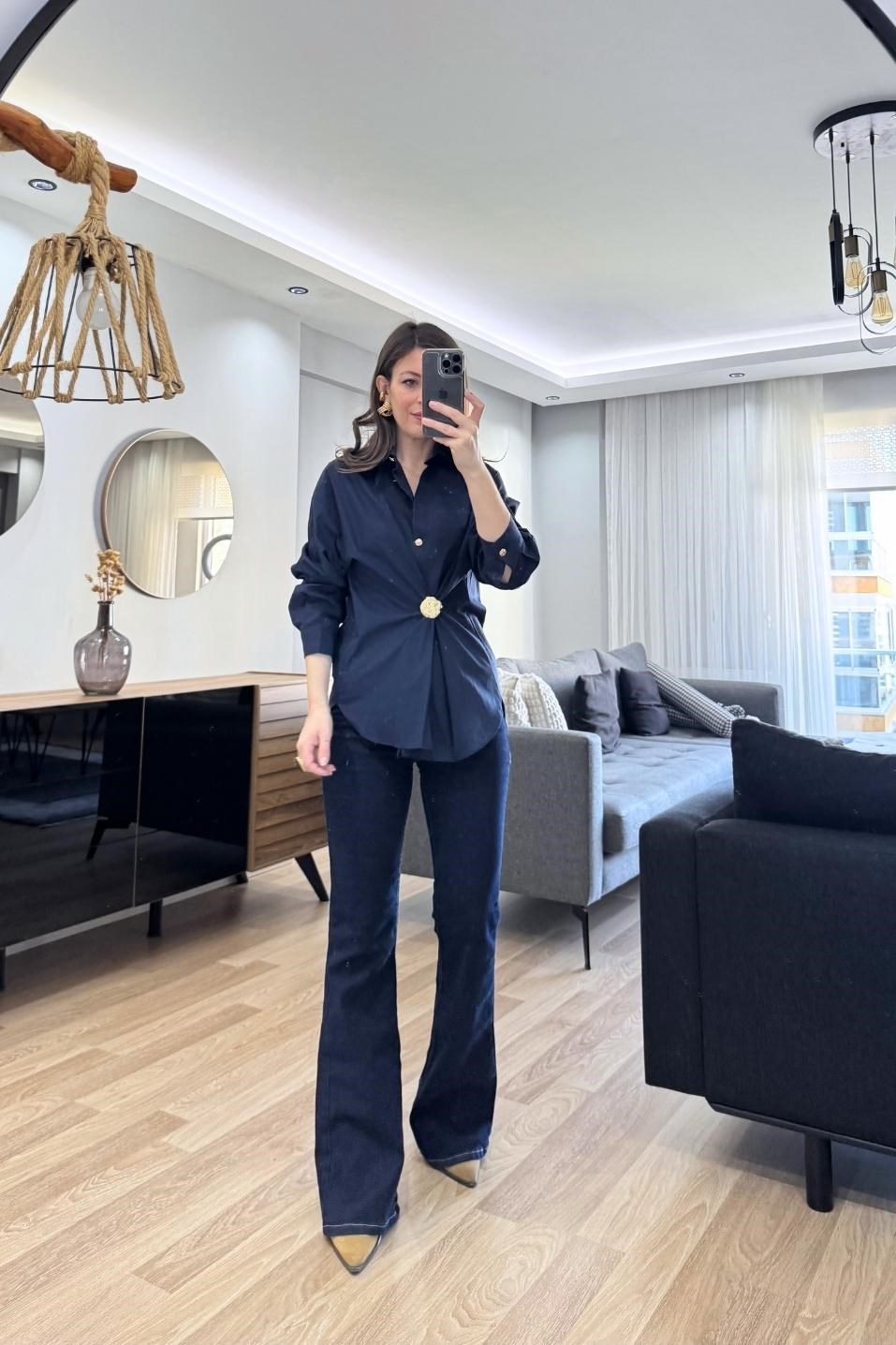 Gold Düğmeli Poplin Gömlek Lacivert