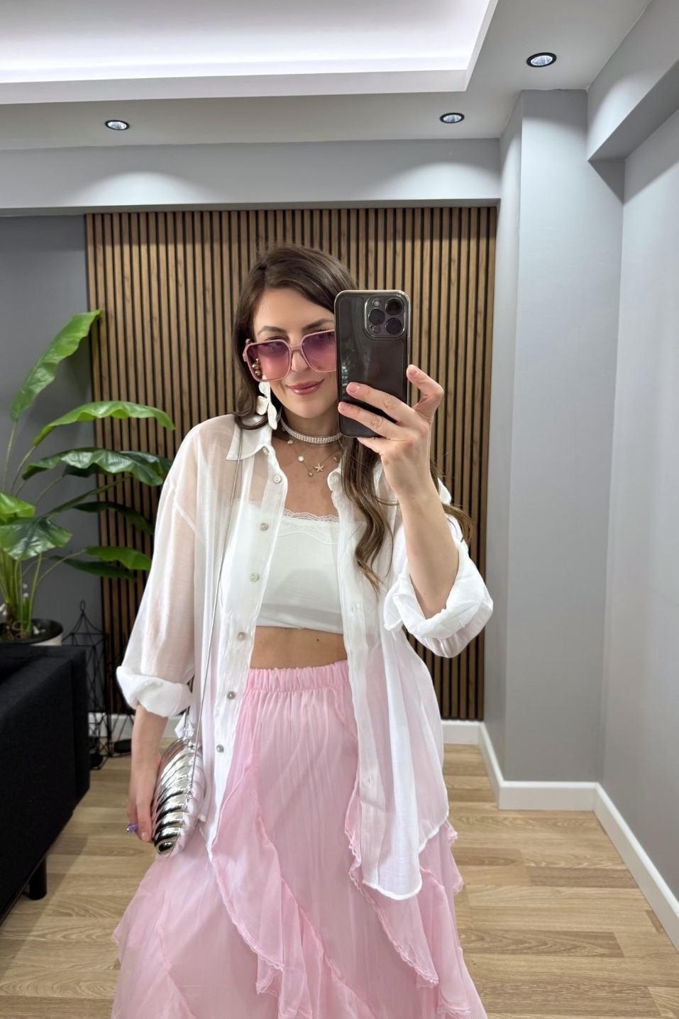 İpeksi Dokulu Oversize Gömlek Beyaz