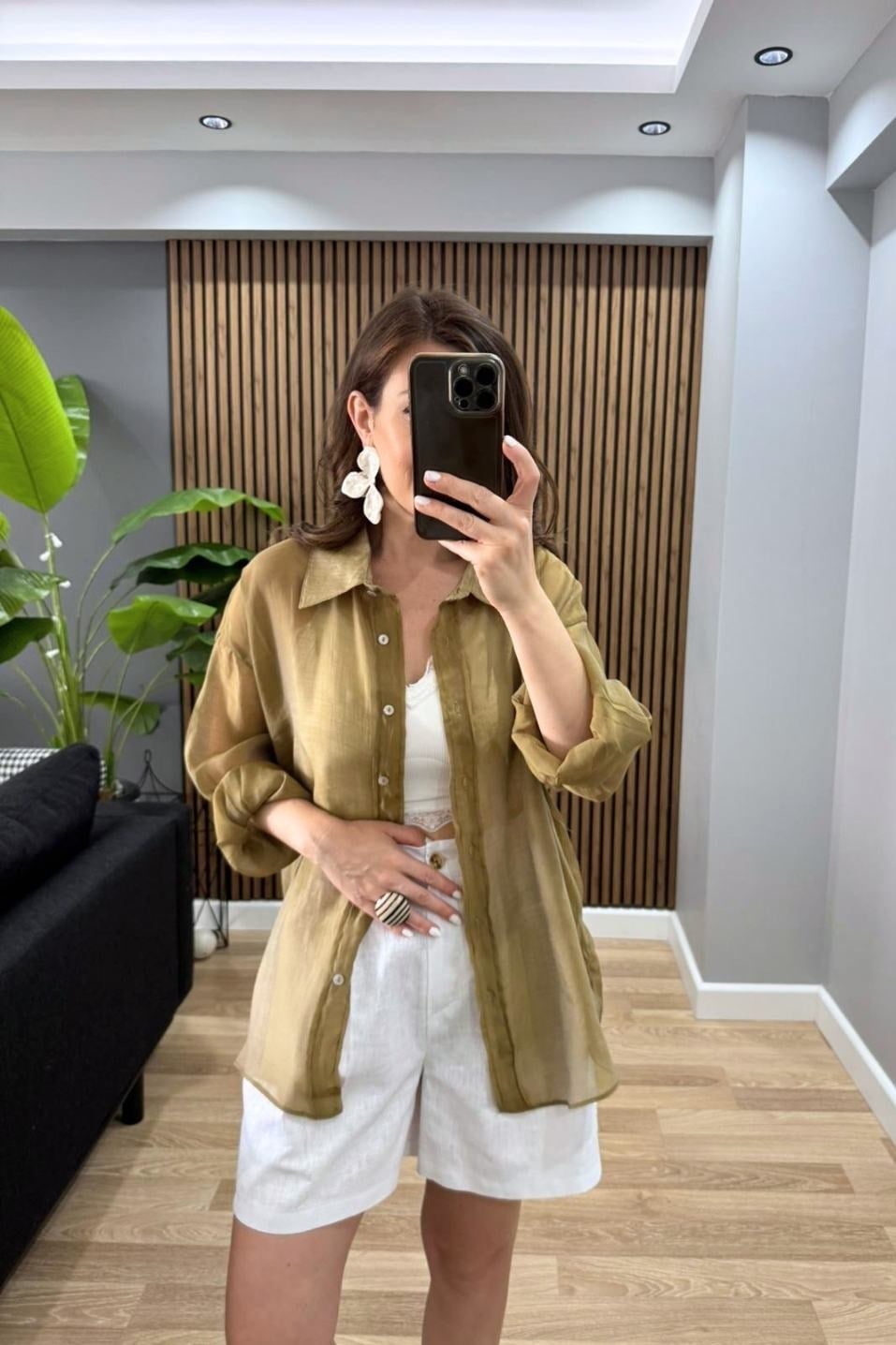 İpeksi Dokulu Oversize Gömlek Haki Yeşil