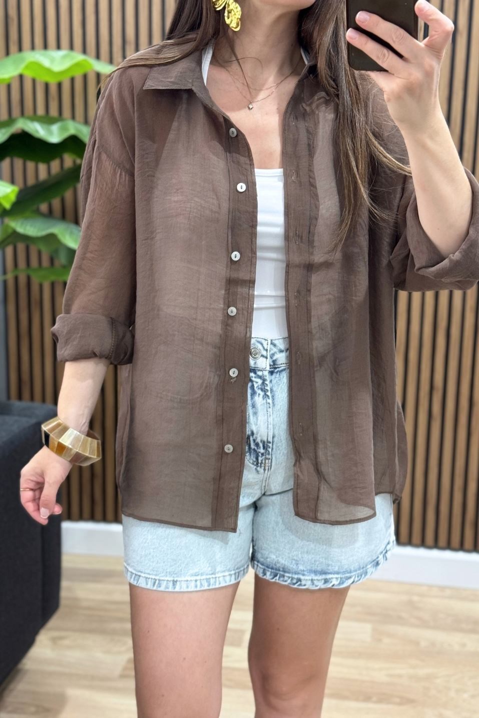 İpeksi Dokulu Oversize Gömlek Kahverengi