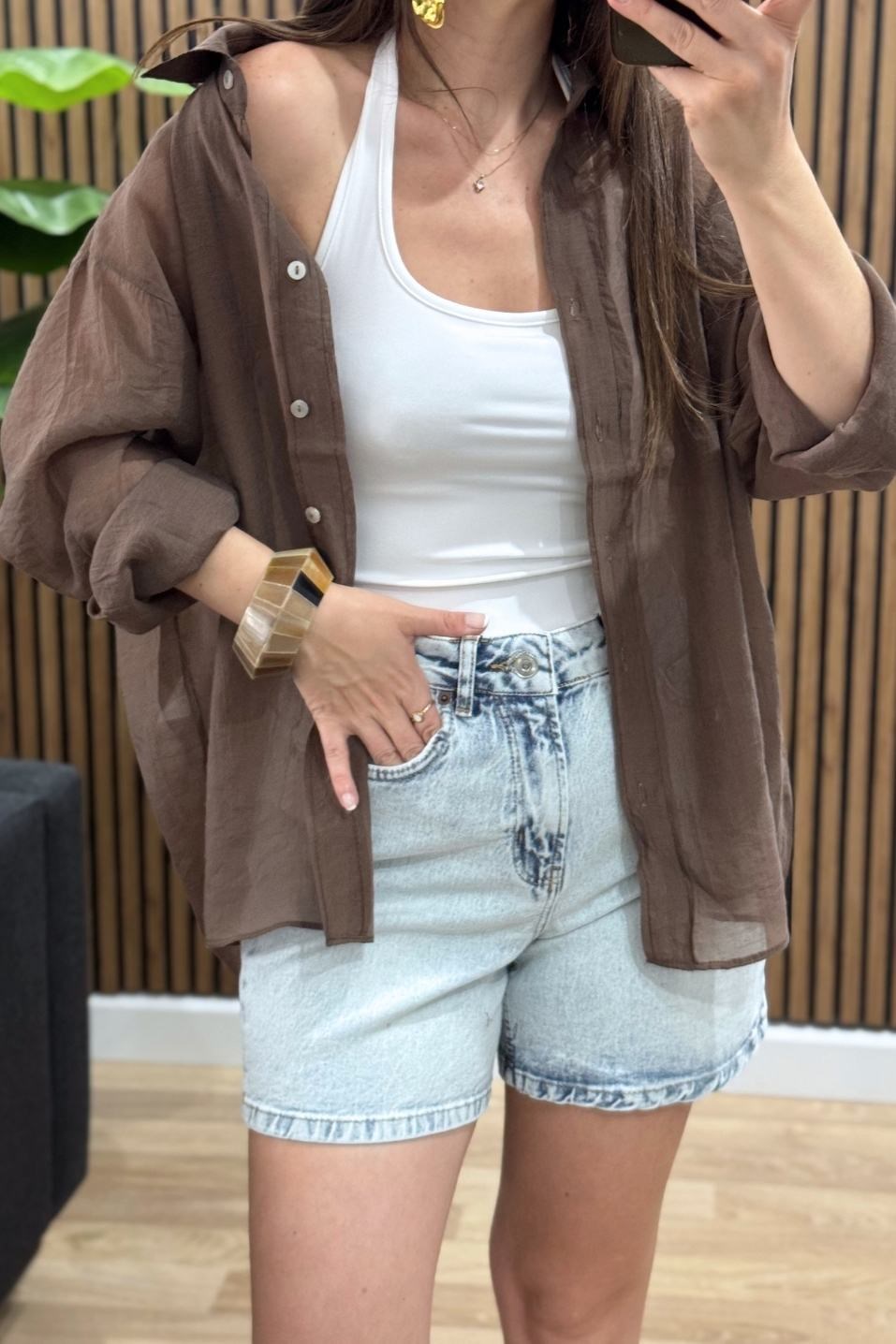 İpeksi Dokulu Oversize Gömlek Kahverengi