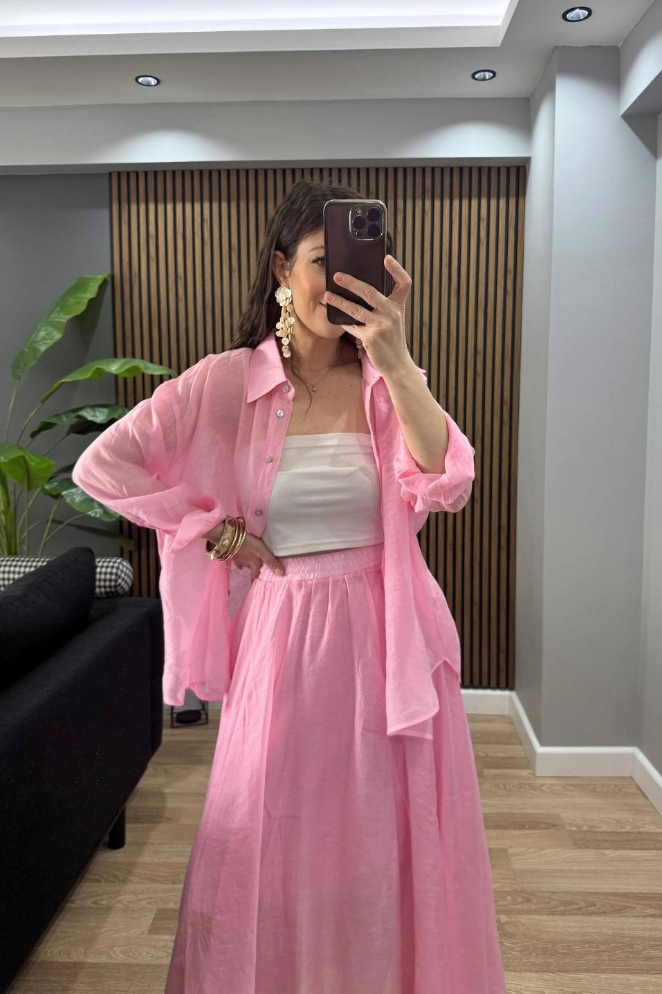 İpeksi Dokulu Oversize Gömlek Pembe
