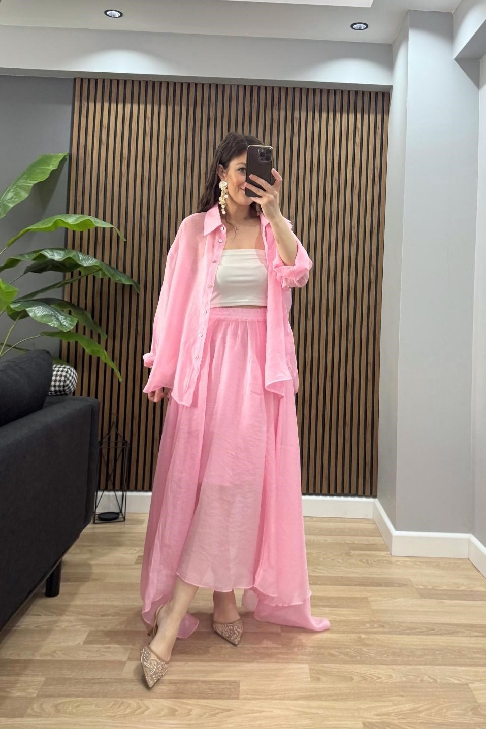 İpeksi Dokulu Oversize Gömlek Pembe