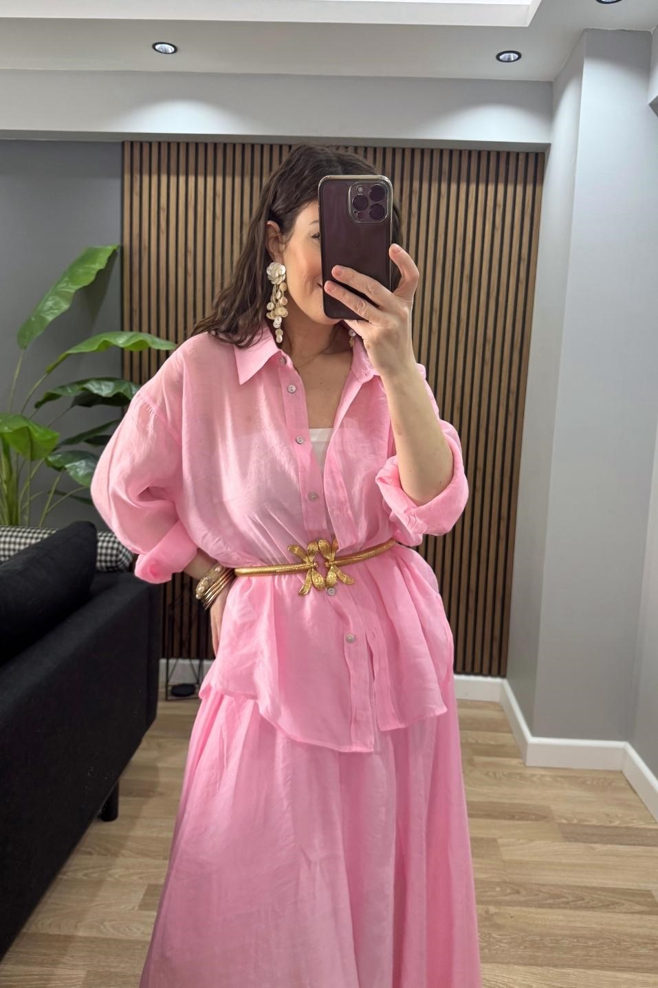İpeksi Dokulu Oversize Gömlek Pembe