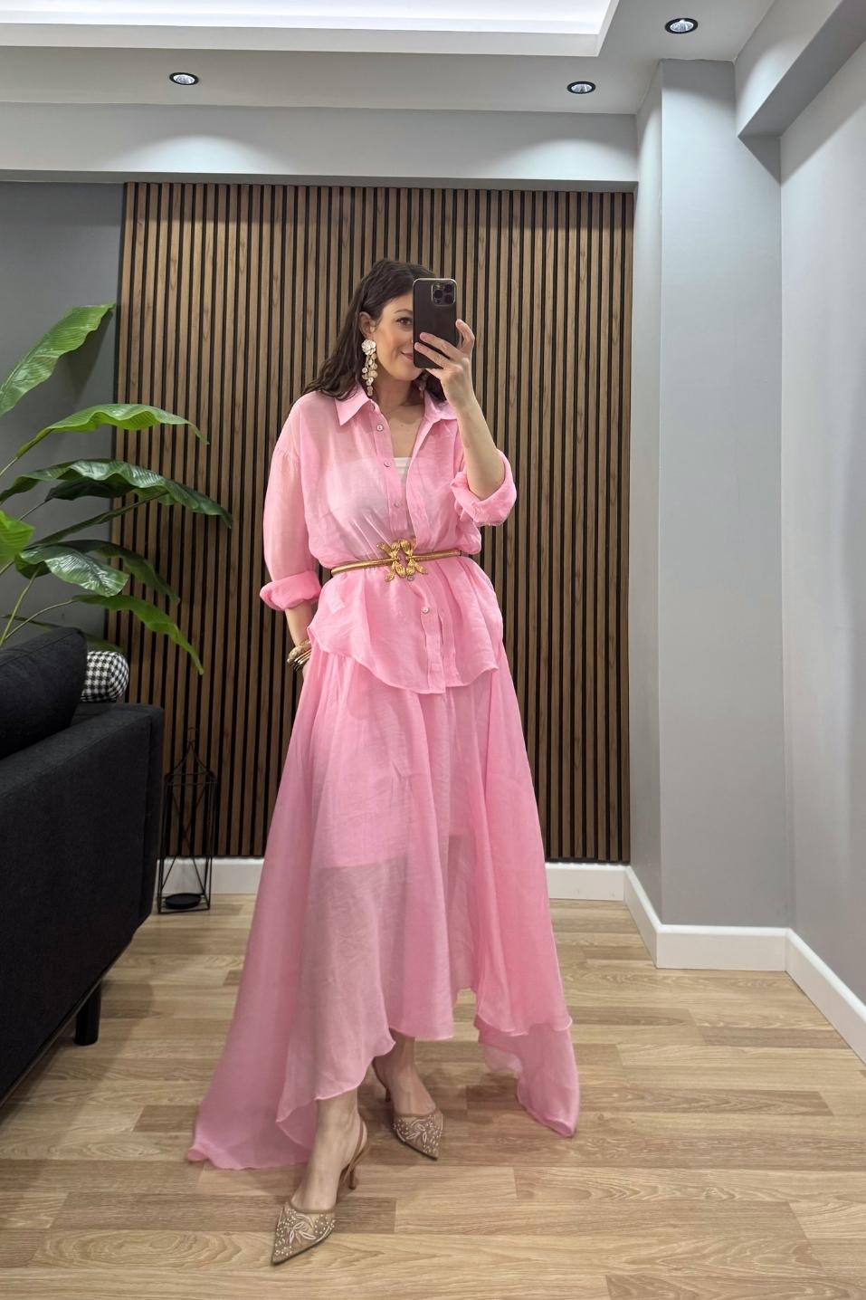 İpeksi Dokulu Oversize Gömlek Pembe