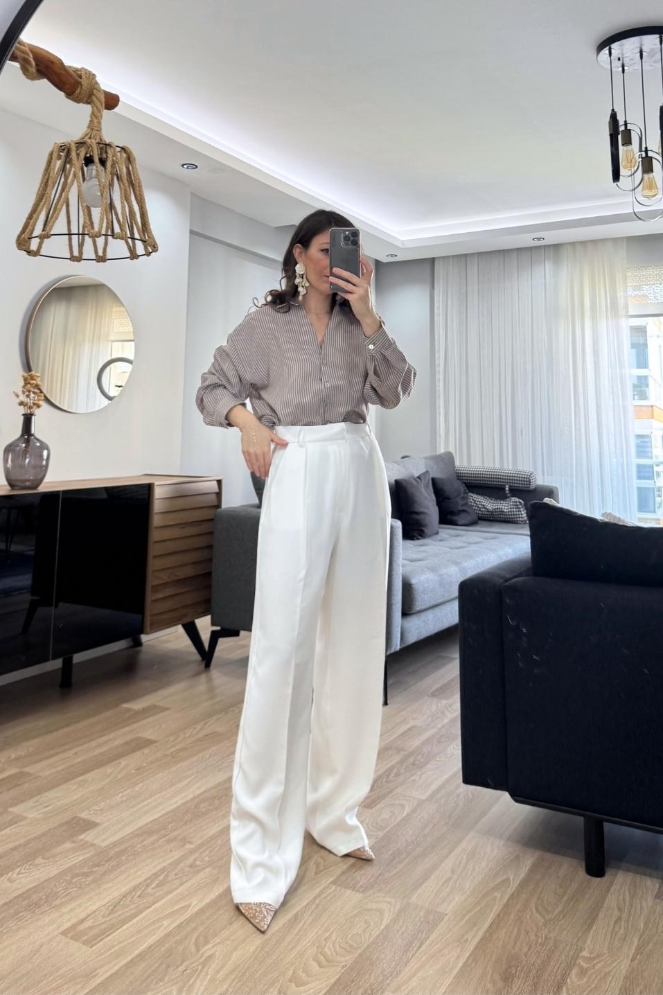 Leora Dökümlü Çizgili Gömlek Vizon