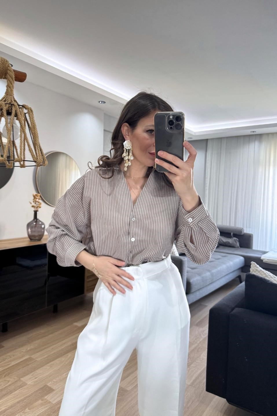 Leora Dökümlü Çizgili Gömlek Vizon
