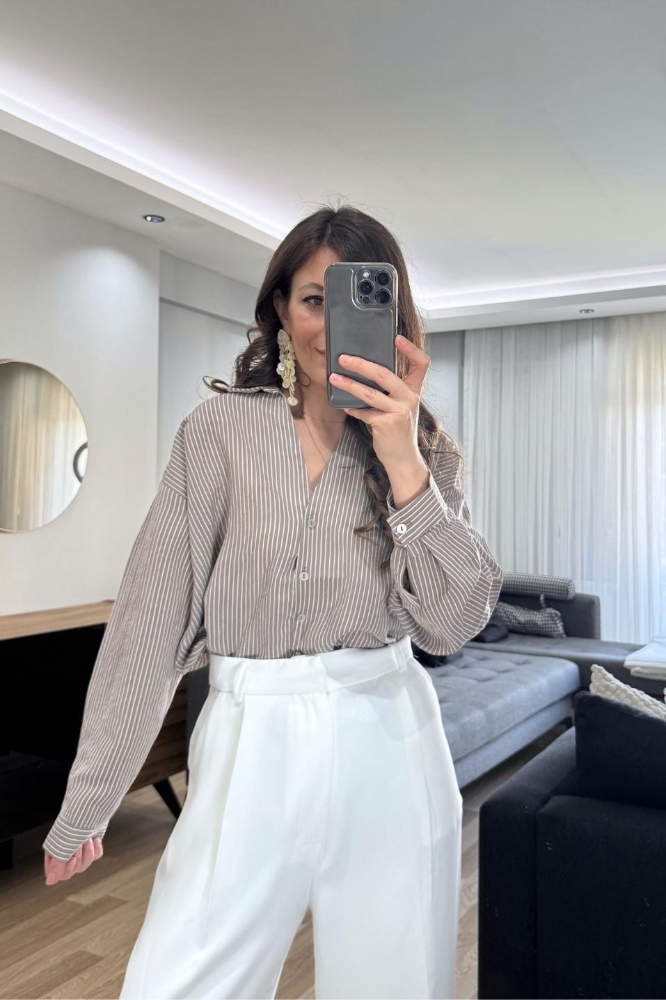 Leora Dökümlü Çizgili Gömlek Vizon