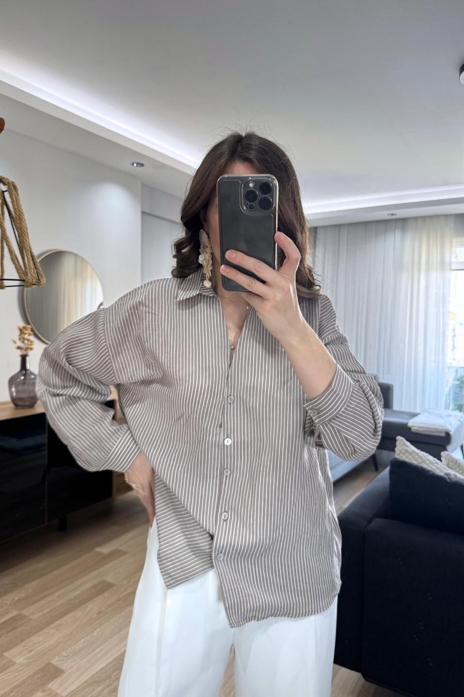 Leora Dökümlü Çizgili Gömlek Vizon