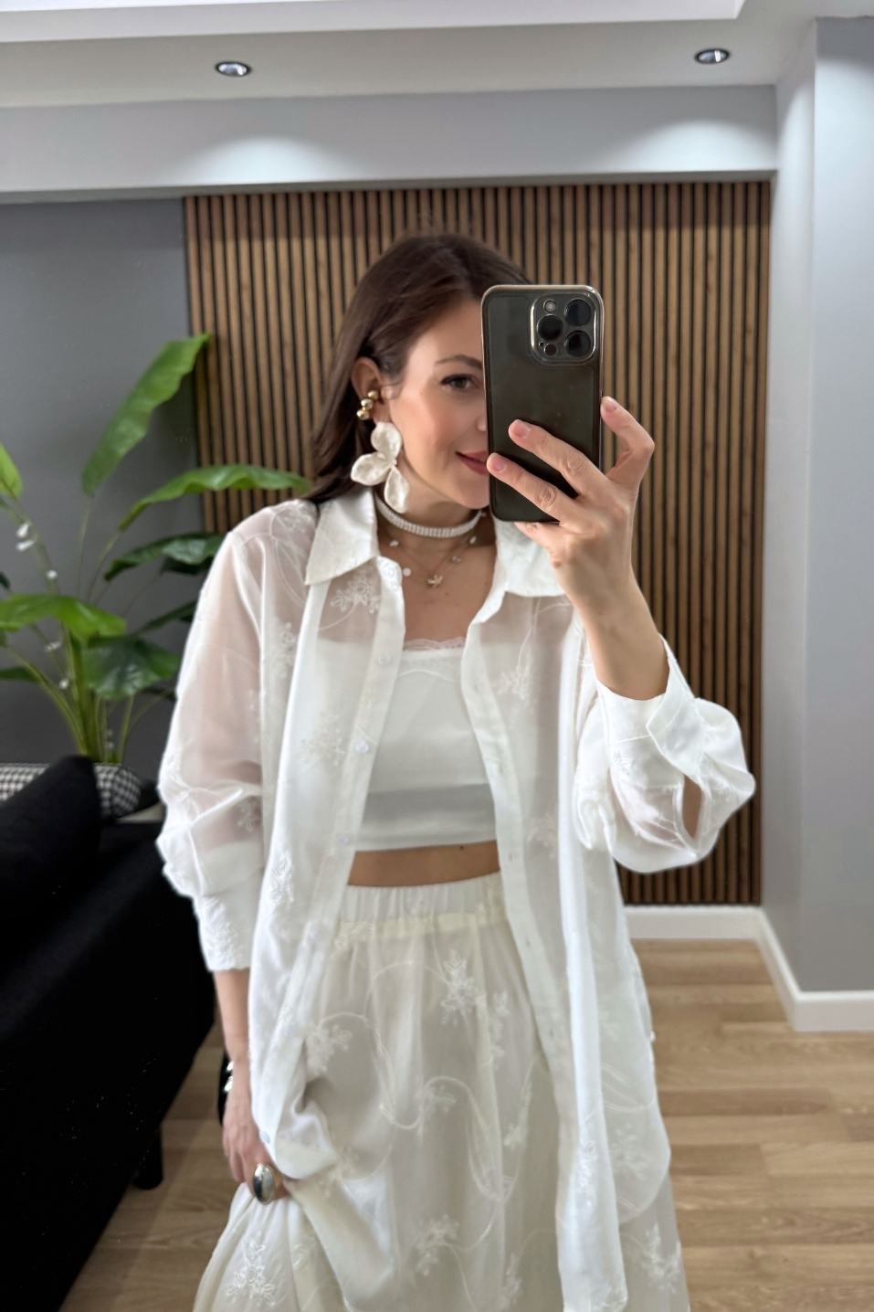 Rosalie Işıltılı Nakışlı Gömlek Ekru
