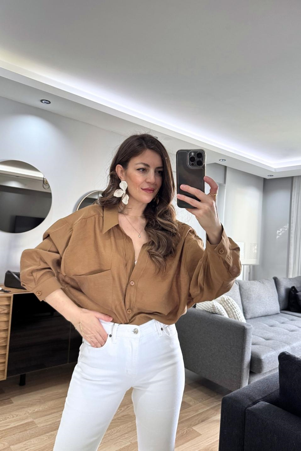 Terra Oversize Cep Detaylı Gömlek Camel