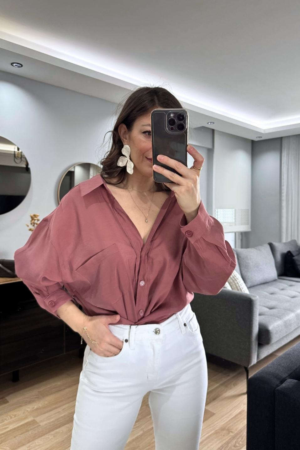 Terra Oversize Cep Detaylı Gömlek Tarçın