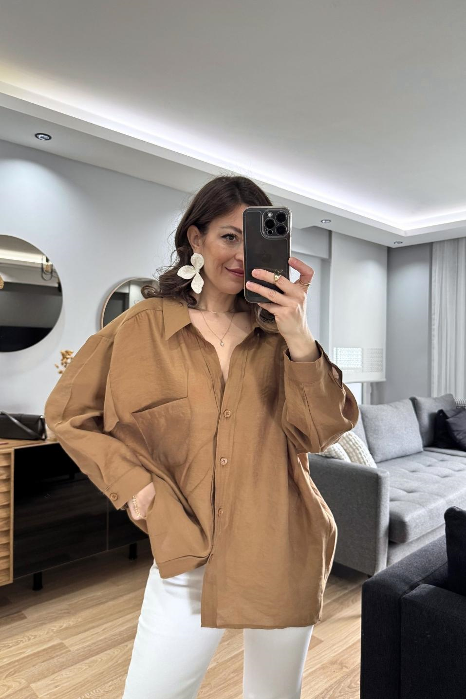 Terra Oversize Cep Detaylı Gömlek Camel