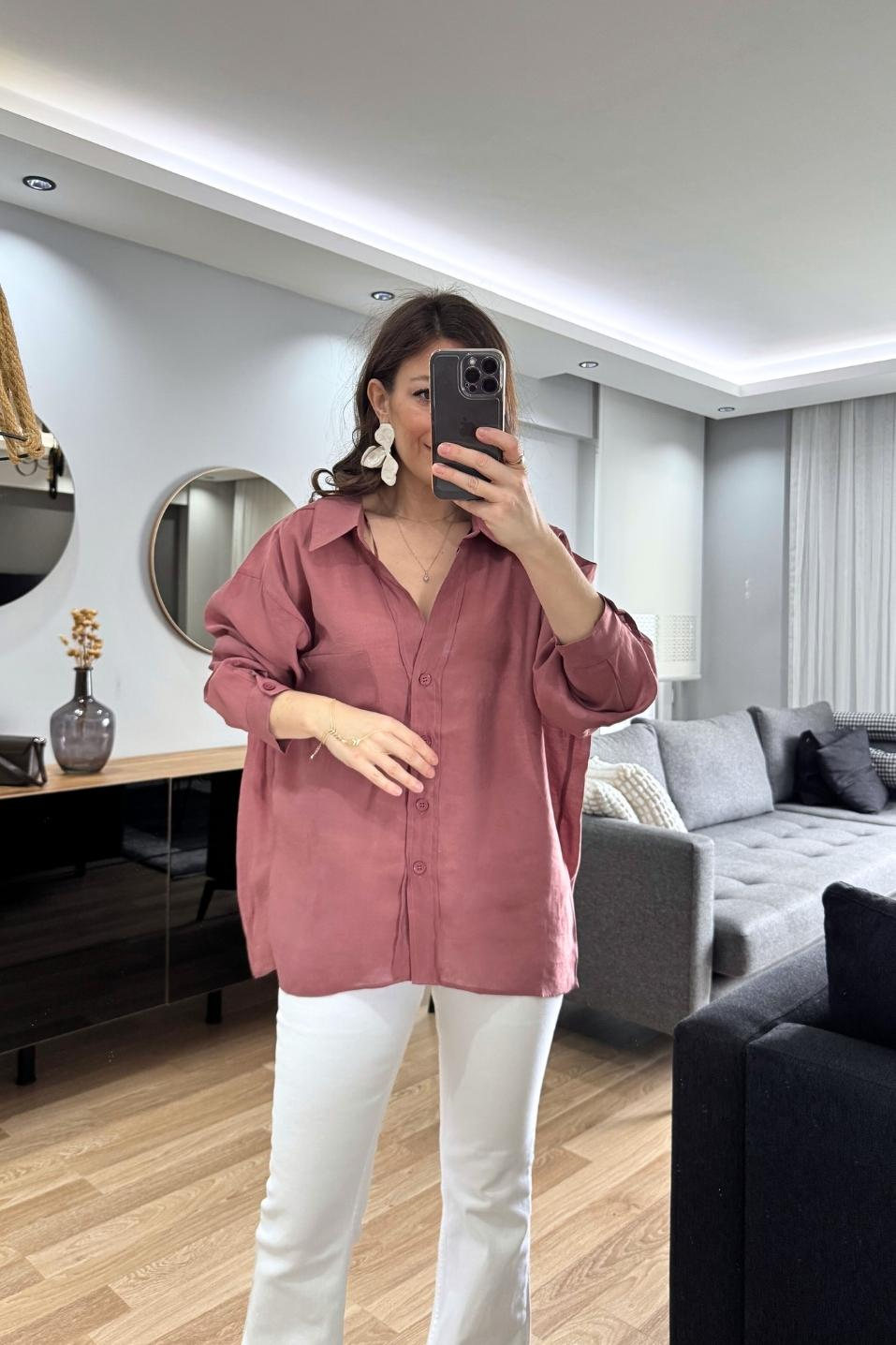Terra Oversize Cep Detaylı Gömlek Tarçın