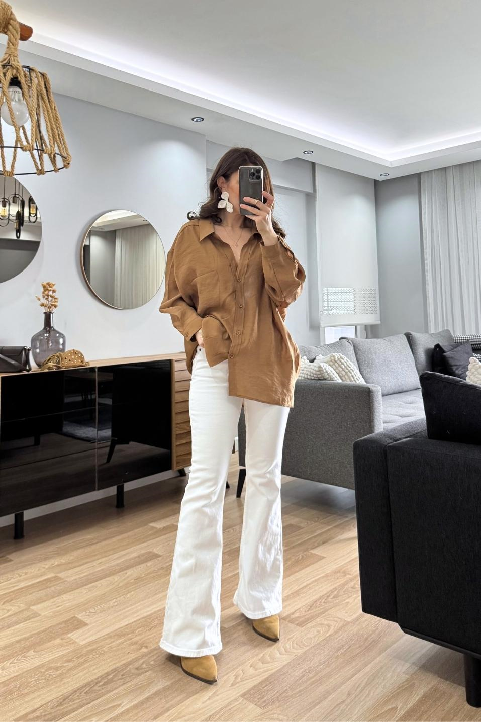 Terra Oversize Cep Detaylı Gömlek Camel