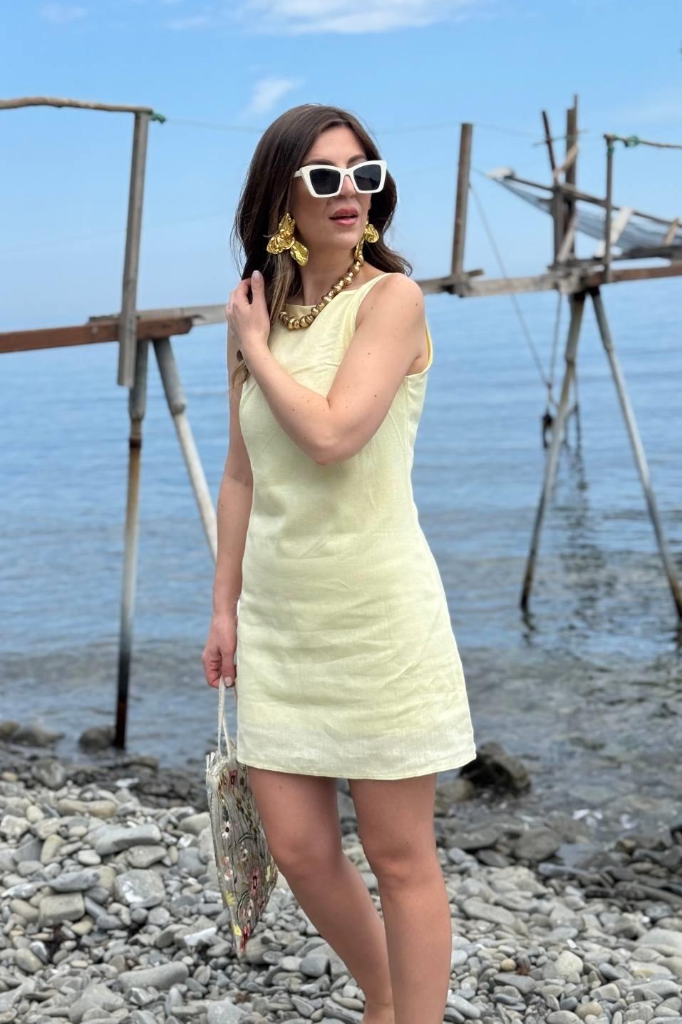 Antoryum Keten Astarlı Elbise Sarı