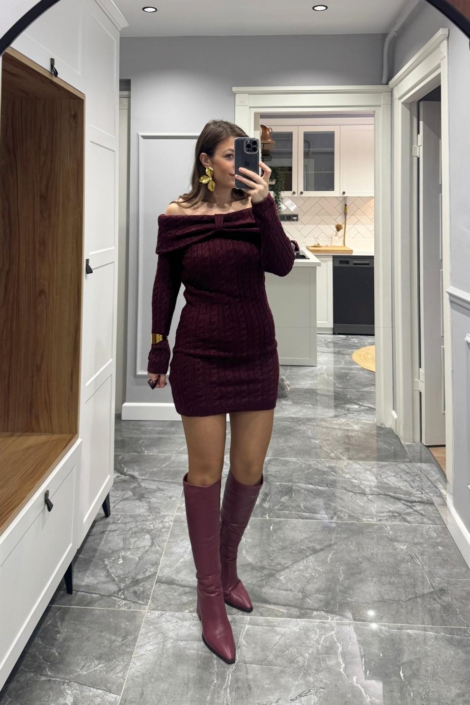 Degaje Yaka Saç Örgü Triko Elbise Bordo