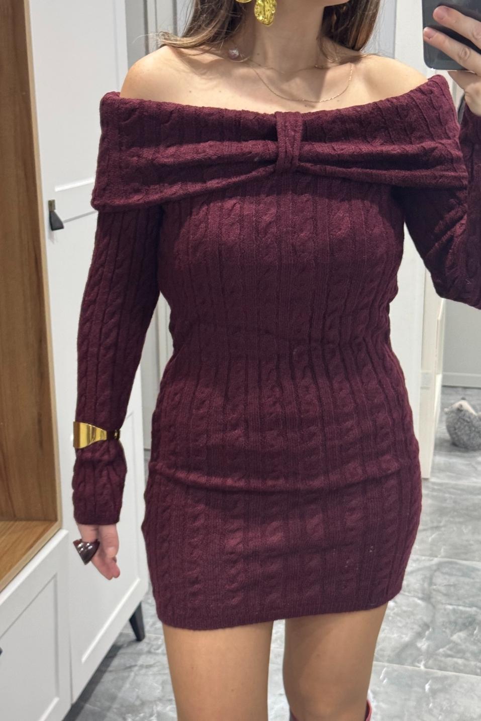 Degaje Yaka Saç Örgü Triko Elbise Bordo