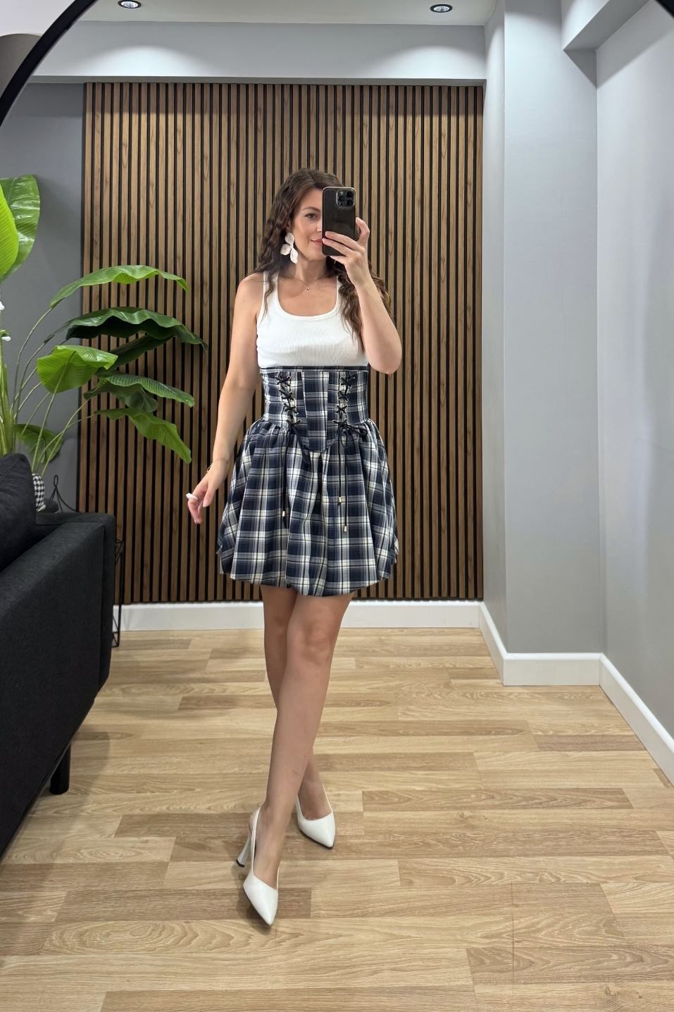 Ekose Korsaj Mini Elbise Lacivert