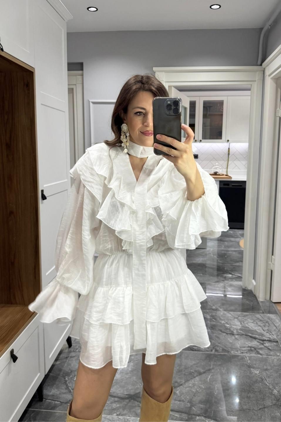 Fırfır Detaylı Mimoza Elbise Beyaz