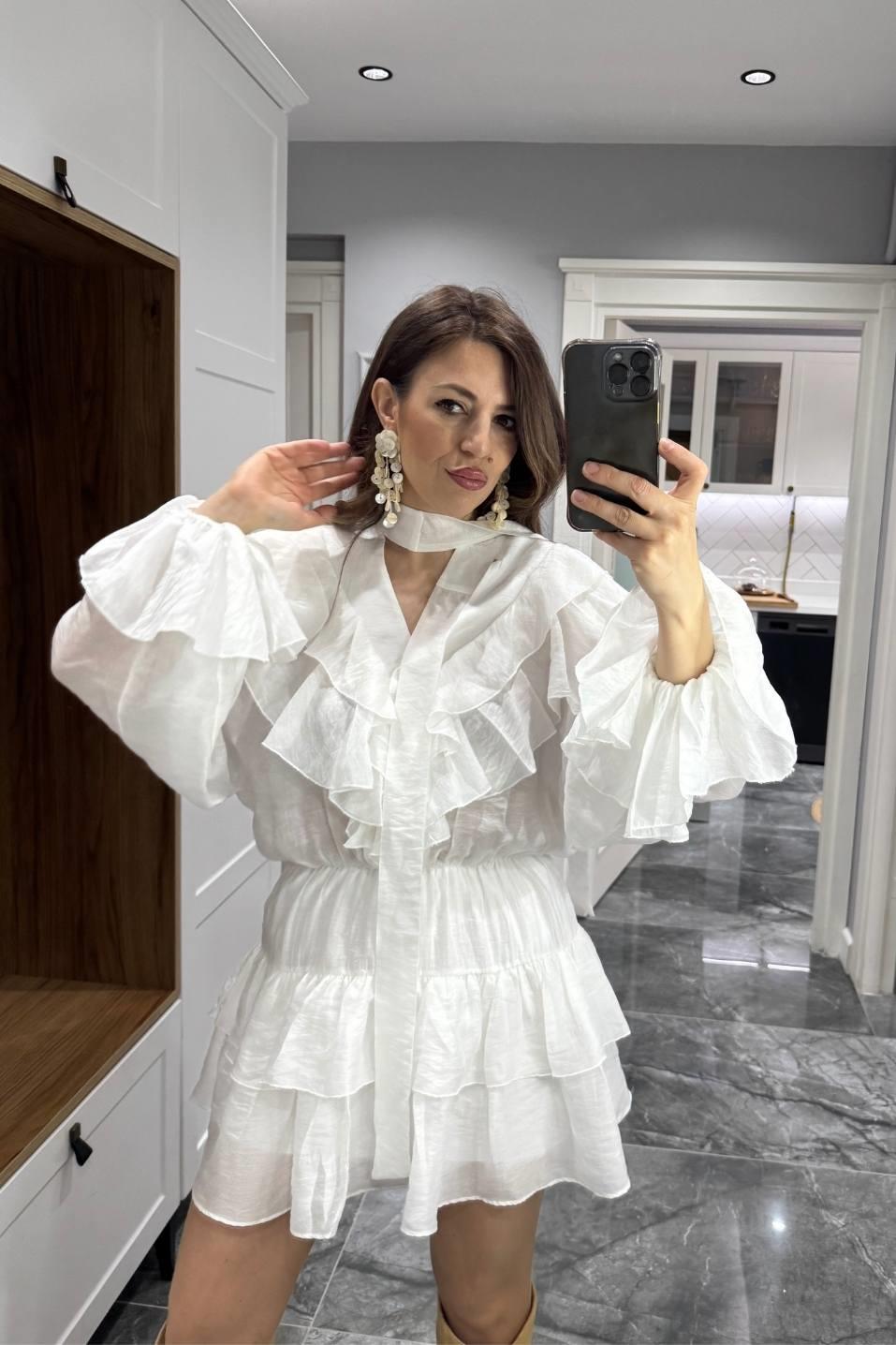Fırfır Detaylı Mimoza Elbise Beyaz