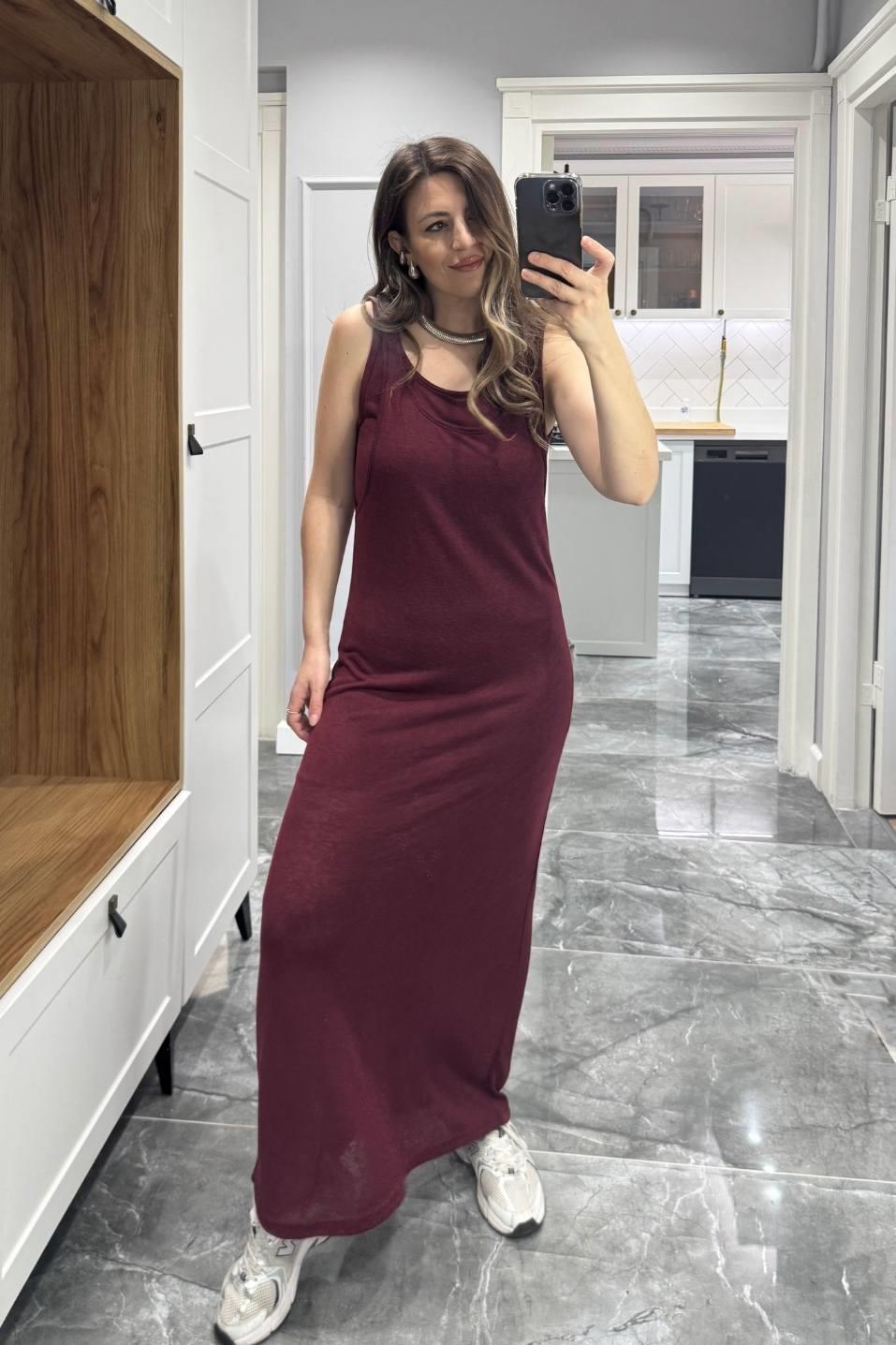 Frezya Kolsuz Astarlı Elbise Bordo