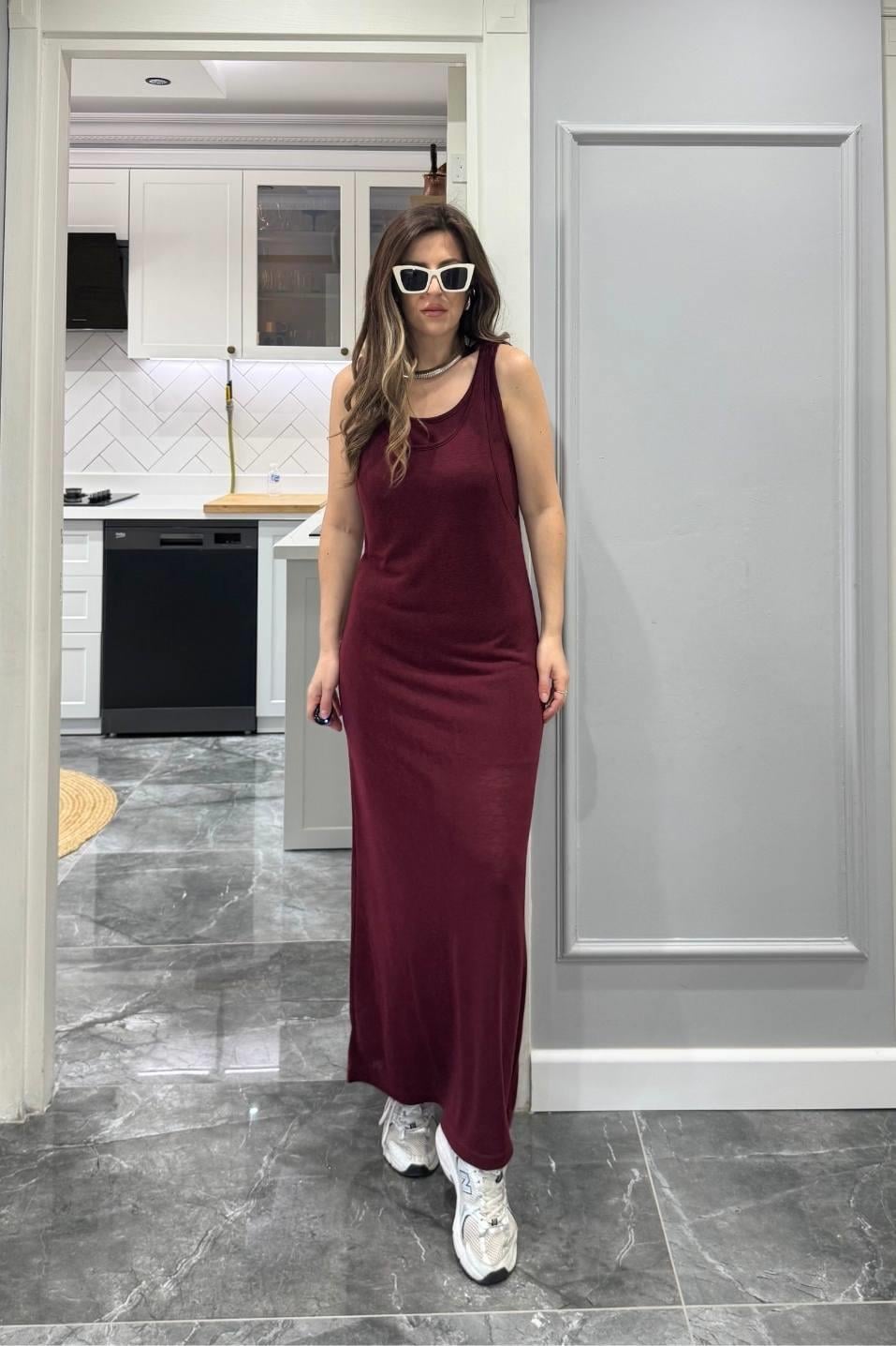 Frezya Kolsuz Astarlı Elbise Bordo