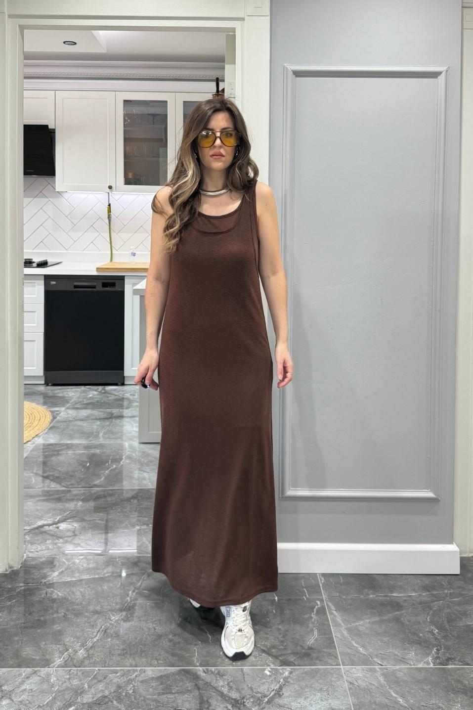 Frezya Kolsuz Astarlı Elbise Kahverengi