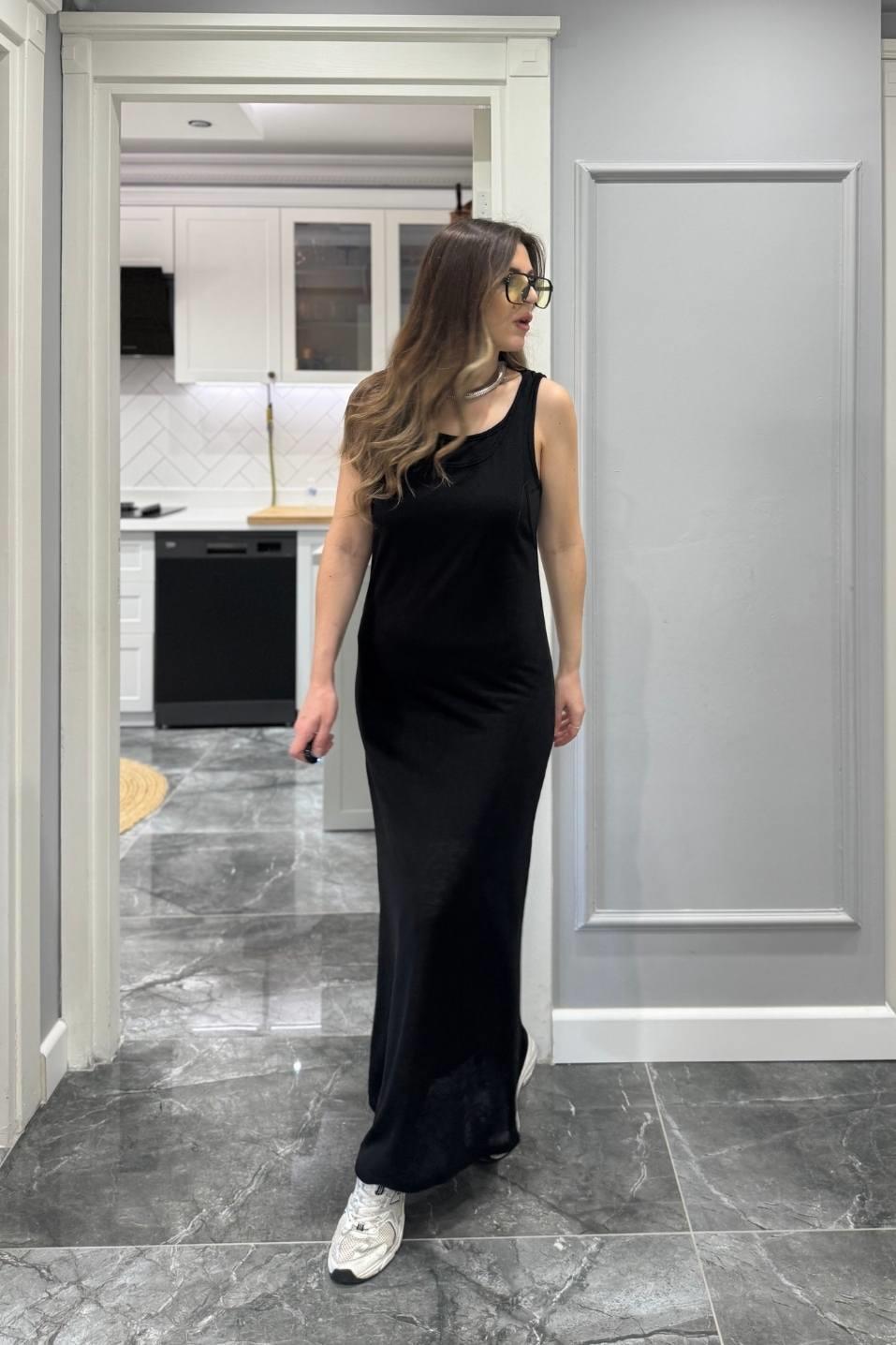 Frezya Kolsuz Astarlı Elbise Siyah