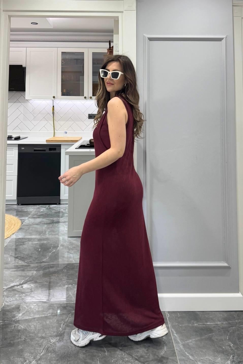 Frezya Kolsuz Astarlı Elbise Bordo