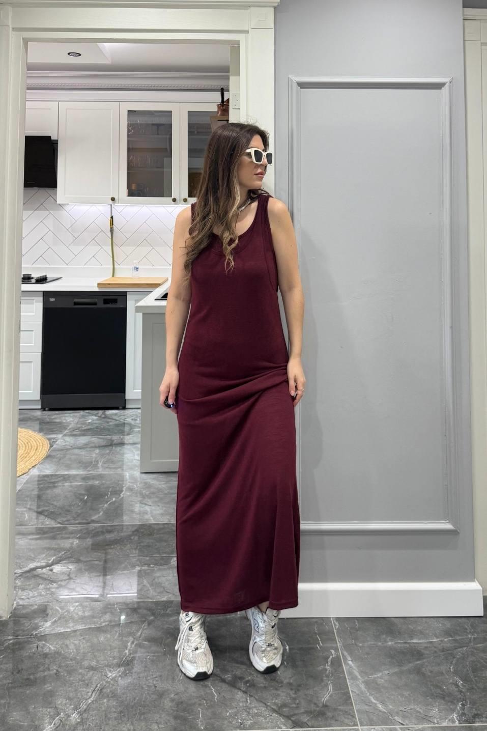 Frezya Kolsuz Astarlı Elbise Bordo