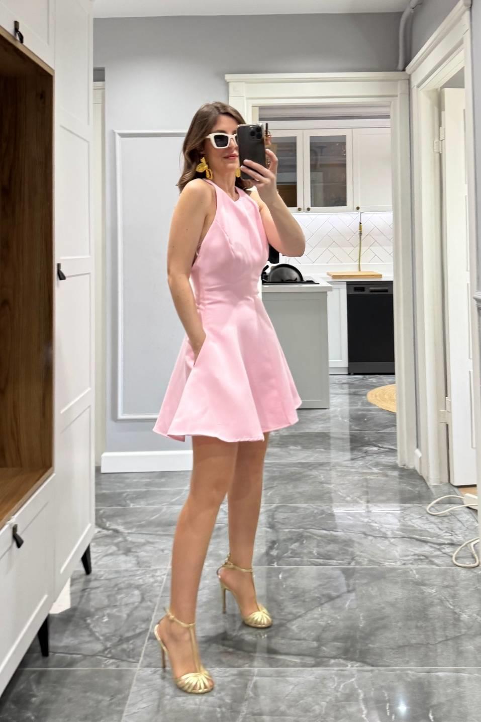Halter Yaka Volanlı Astarlı Elbise Pembe
