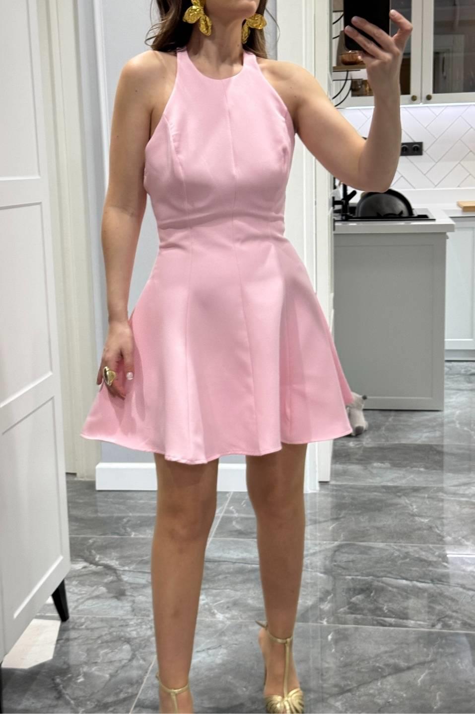 Halter Yaka Volanlı Astarlı Elbise Pembe
