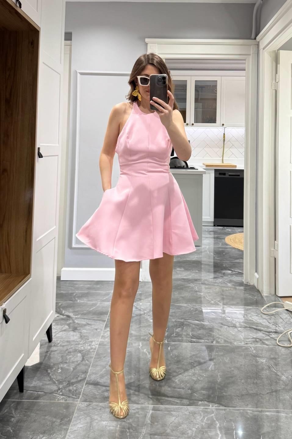 Halter Yaka Volanlı Astarlı Elbise Pembe