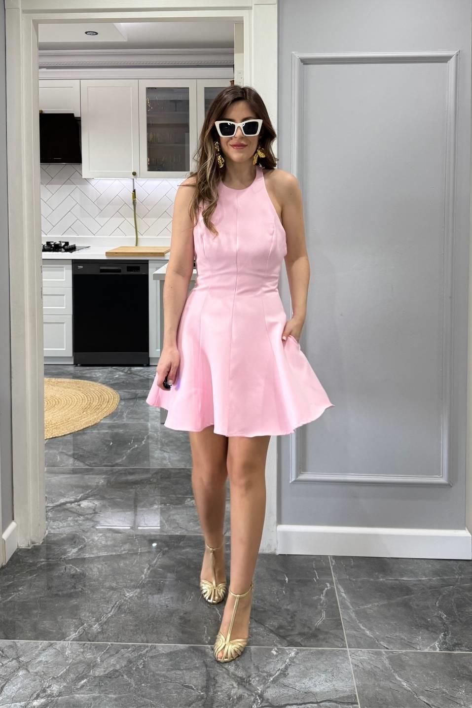 Halter Yaka Volanlı Astarlı Elbise Pembe