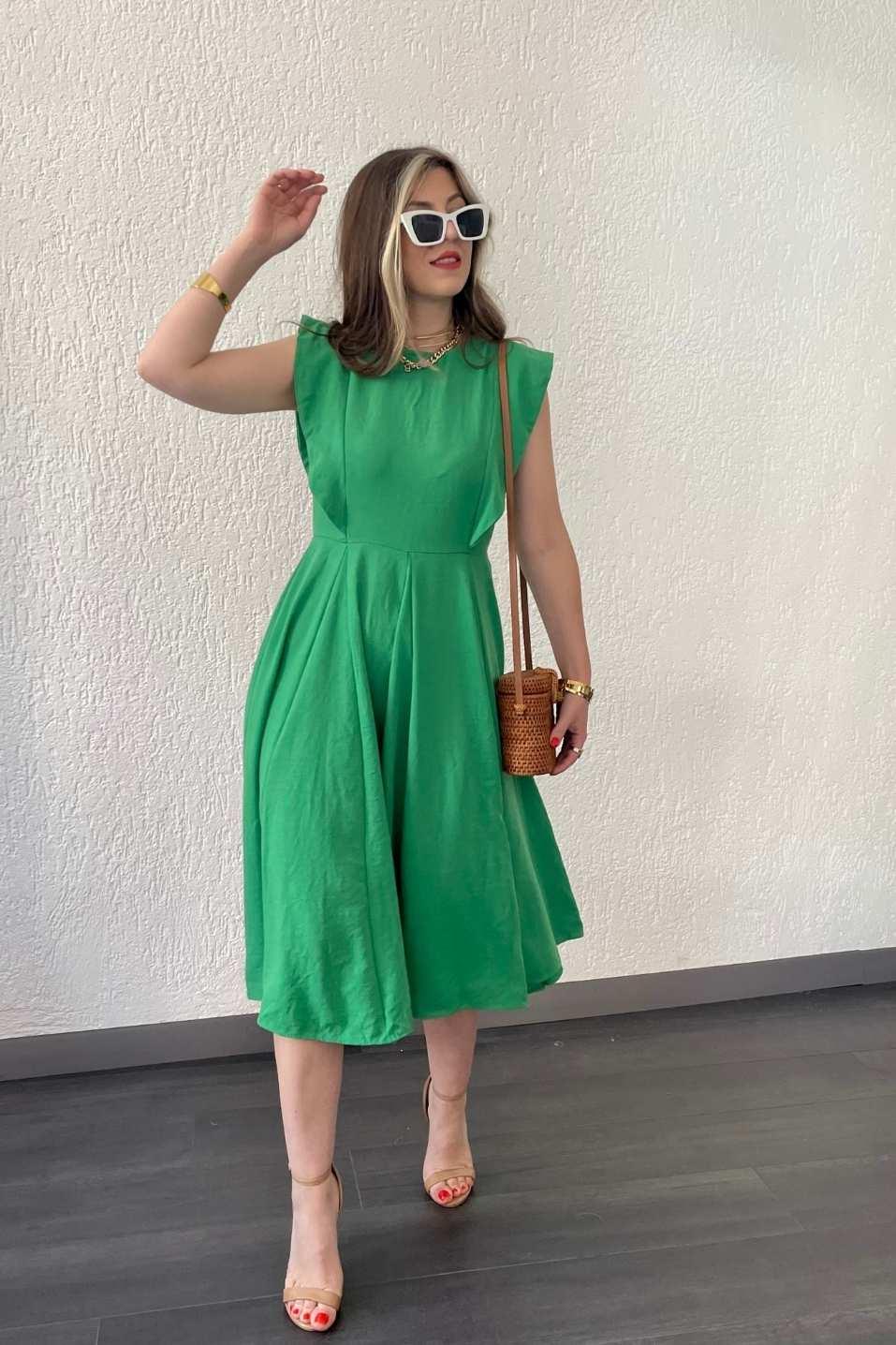 Günlük ElbiseKolları Fırfırlı Keten Elbise Yeşil