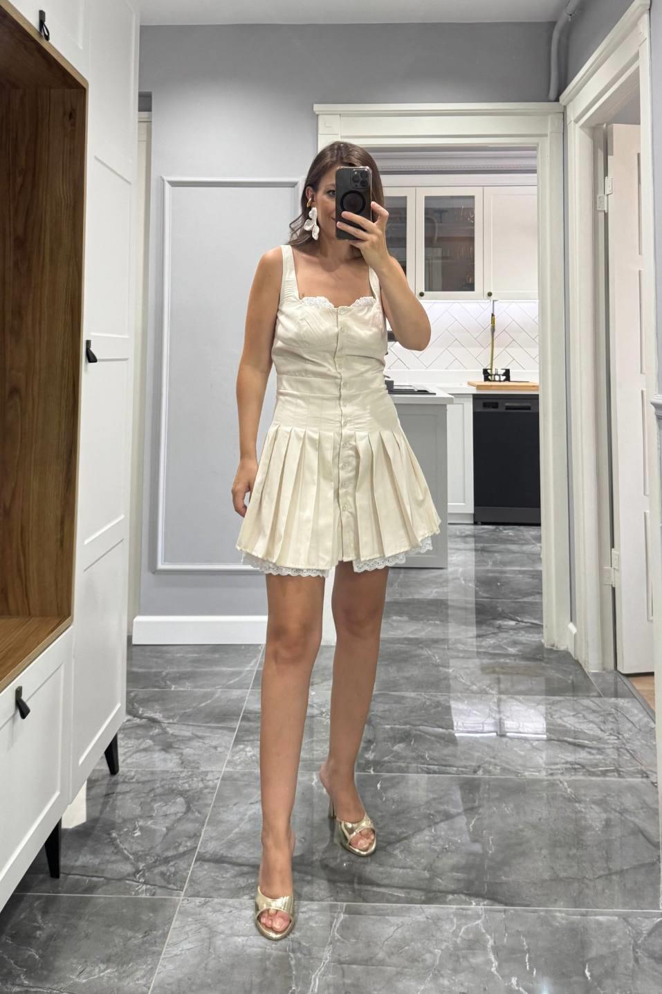 Luna Dantel Detaylı Piliseli Mini Elbise Ekru