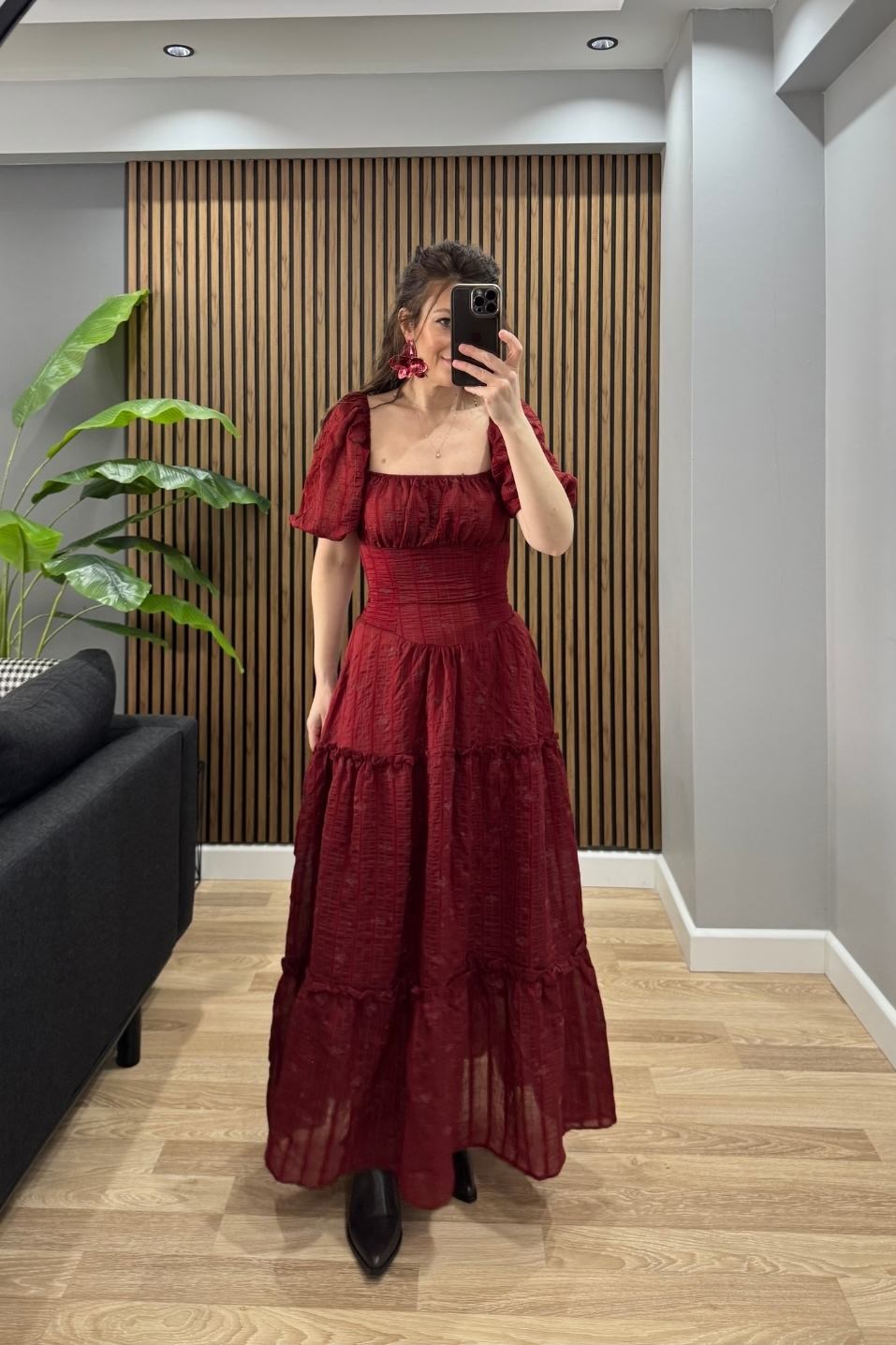 Luna Soft Bohem Elbise Bordo
